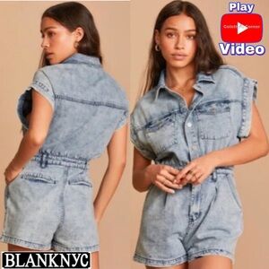 BLANK NYC HEAD BACKSTAGE LIGHT ACID WASH DENIM SHORT SLEEVE ROMPER IN BLUE